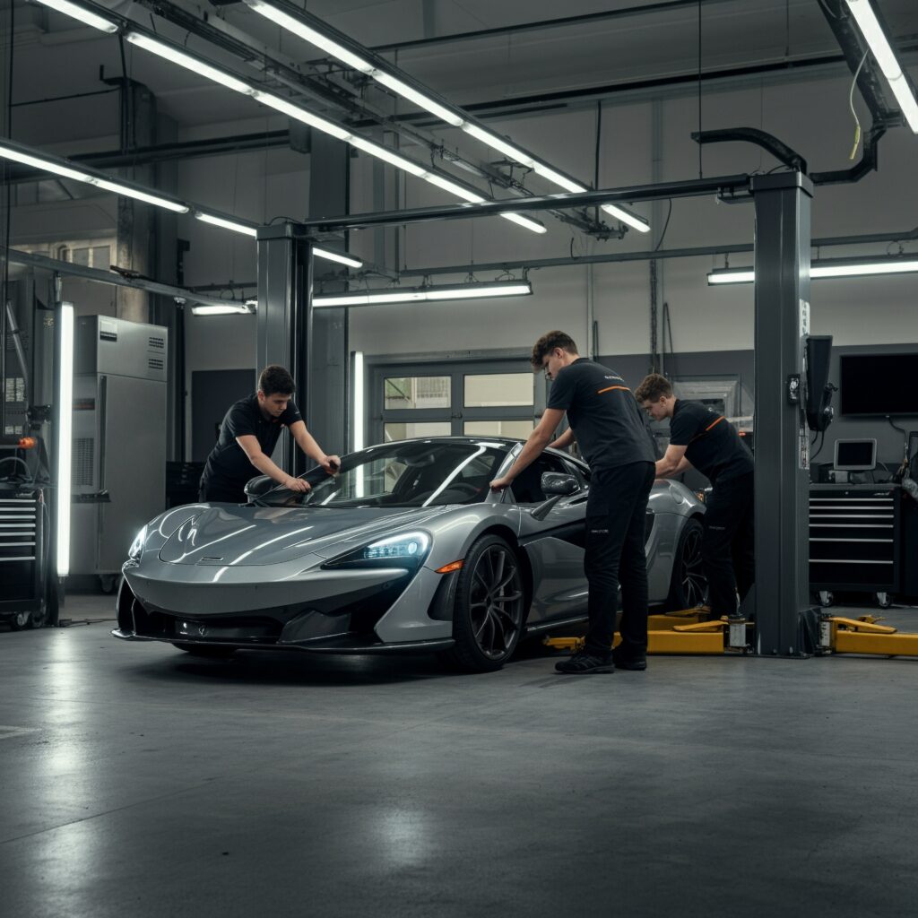 Group of automotive technicians working on a sports car